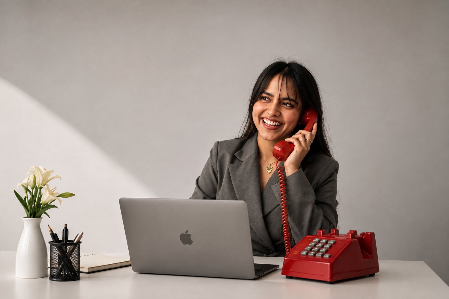 Working at a desk, taking a call