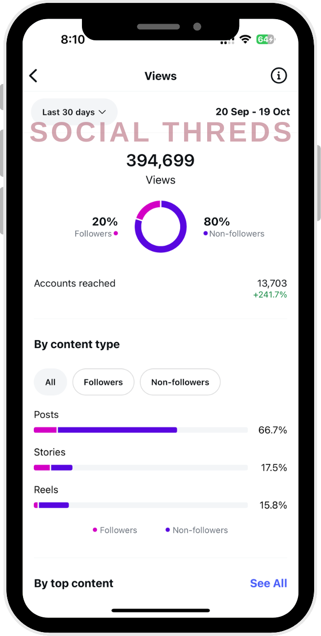 Instagram professional dashboard: 394.7K views, 5.6K interactions, 2,806 new followers