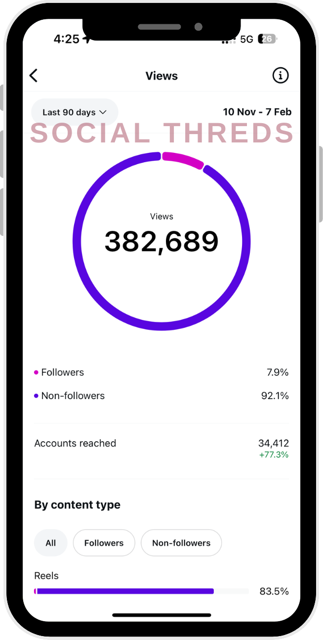 Instagram insights: 382,689 views over 90 days, 92.1% from non-followers, reach up 77.3%